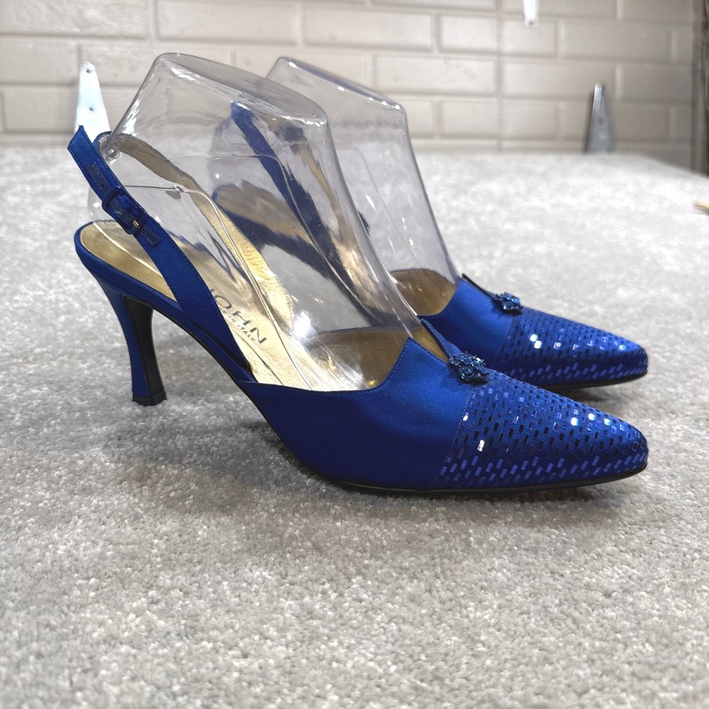 Vintage 90s St John Satin Sequin Slingback Pumps Royal Blue Stiletto 8.5 Italy